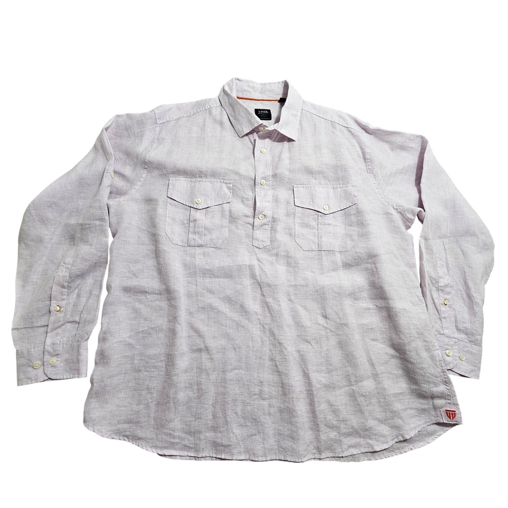 True Measure Popover Shirt XXL Light Purple Striped Linen Long Sleeve